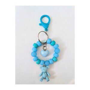 Handmade Matte Blue Kawaii Kidcore Beaded Keychain w/ Heart & Teddy Bear Charm